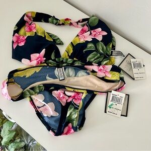 NWT - Ocean Pacific Black Floral Bikini, Top size 8, Bottom size 14 OP